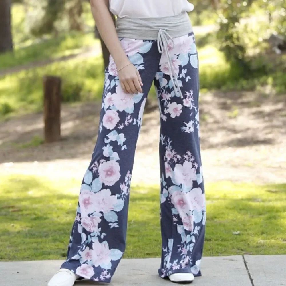 Navy Blue Floral Draw String Wide Leg Pants Woman’s Size XXL